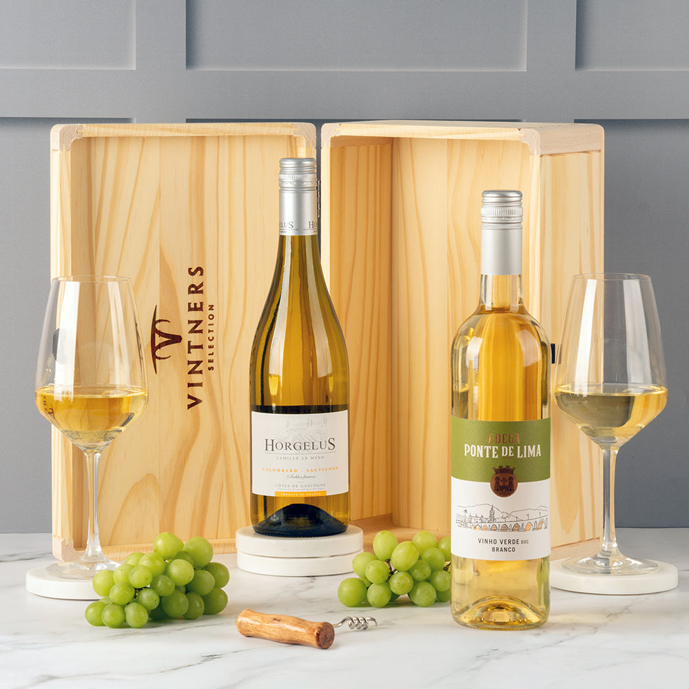 White Wine Gift Pair in Wooden Gift Box - 2 x 75cl - Yumbles.com