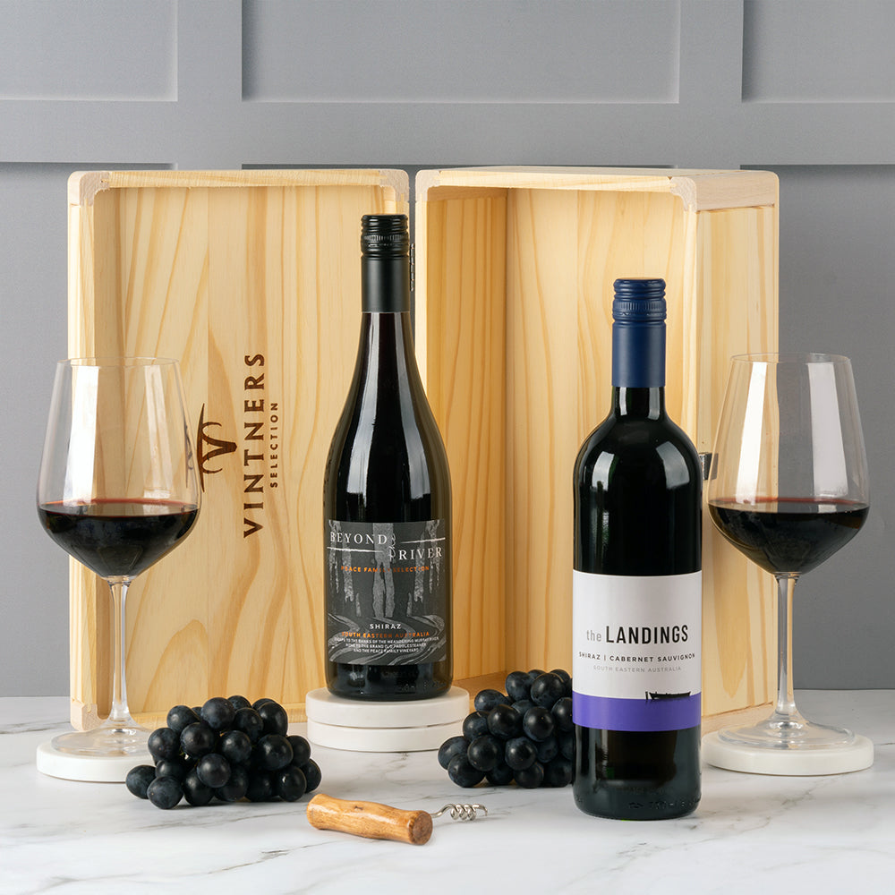 Red Wine Gift Set - 2 Contemporary 75cl Wines in Wooden Box - Yumbles.com