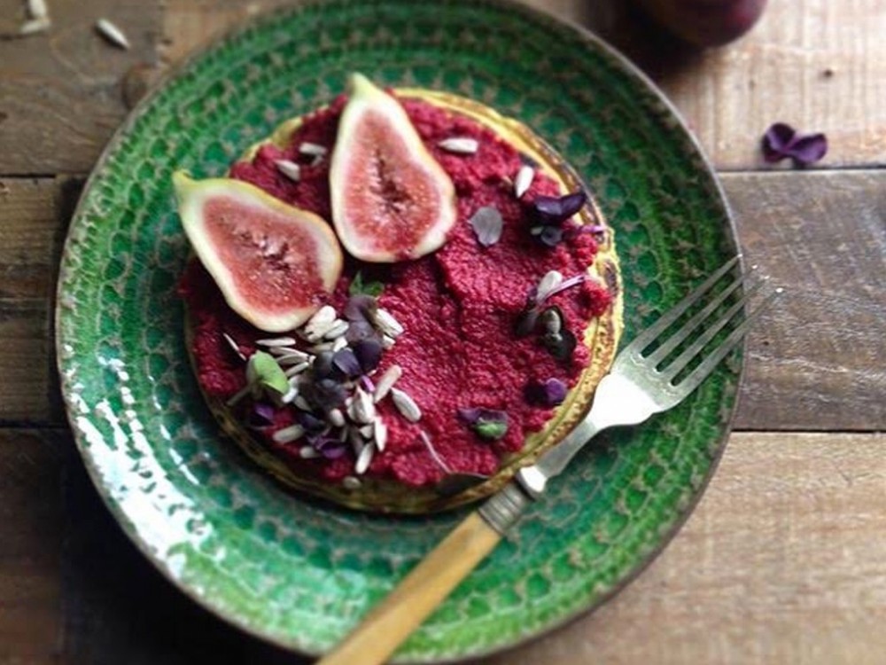 Buckwheat Pancakes with Beetroot Hummus