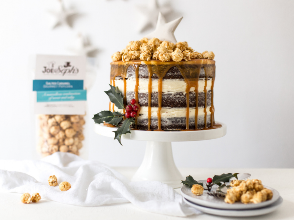 How to Make Triple layer Gingerbread Cake with Joe & Seph’s Salted Caramel Popcorn