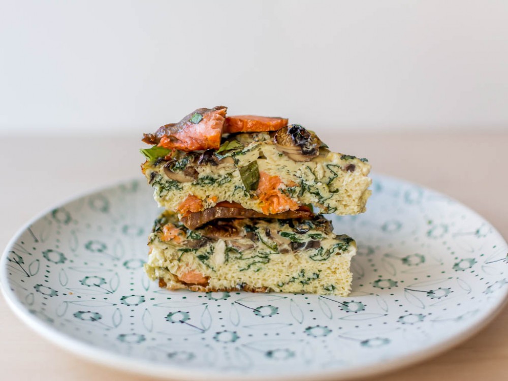 Spinach, Mushrooms, Cheese and Wild Smoked Salmon Frittata