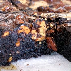 Cosy Bea - Dark Chocolate Pumpkin Spice Brownies Topped with Pecans, Walnuts, and Caramel Sauce
