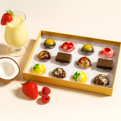 A 12 piece box of luxury chocolates with berries and a coconut on a light background