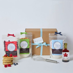 Luxury Pancake Mix Gift Hamper - 3 Gourmet Pancake Mixes, Maple Syrup, Metal Whisk and Pancake Turner