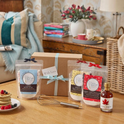 Luxury Pancake Mix Gift Hamper - 3 Gourmet Pancake Mixes, Maple Syrup, Metal Whisk and Pancake Turner