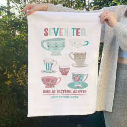 Personalised 70th Birthday Gift Seven Tea Tea Towel with Tea Cup Design
