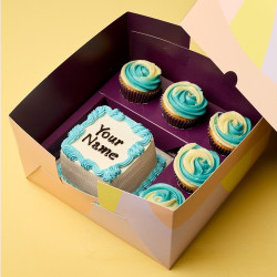Personalised Blue Swirl Bento Cake with Cupcakes Gift - Egg free, 4.5"