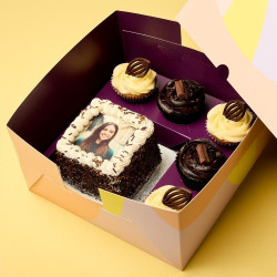 Choco Elegance Photo Bento Cake with Cupcakes Gift - Egg Free, 4.5"