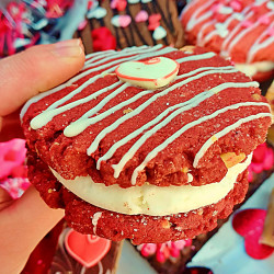 Classic red velvet flavour, finished with a white chocolate drizzle for Valentine’s
