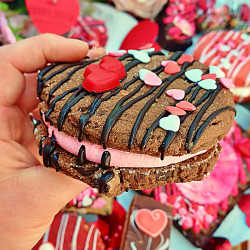 Limited edition chocolate and strawberry cookie sandwich for Valentine’s Day.