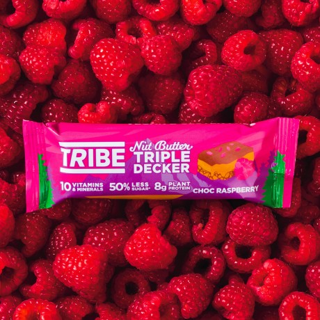 TRIBE Nut Butter Triple Decker - Choc Raspberry Bar - Vegan, Gluten & Dairy Free Bar (12 x 40g)