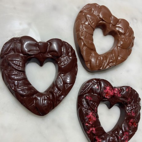 Award-winning Personalizable Raspberry 75% Solomon Island vegan chocolate heart for Valentine's day