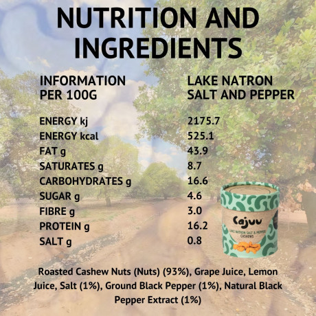Lake Natron Salt and Pepper Cashew Nuts (6 x 80g Tubes)