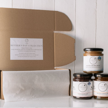 The Cornish Larder mothers day breakfast gift box containing Strawberry jam, orange marmalade and salted caramel sauce