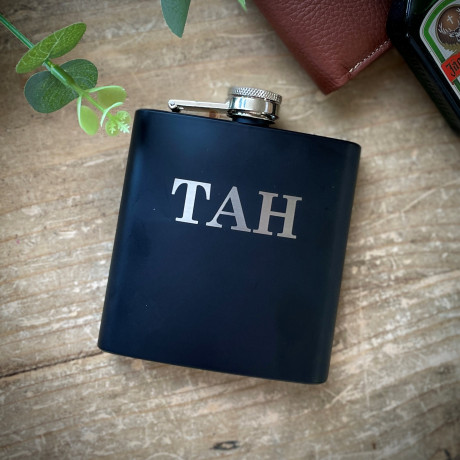 Personalised Engraved Matt Black Initial Hip Flask