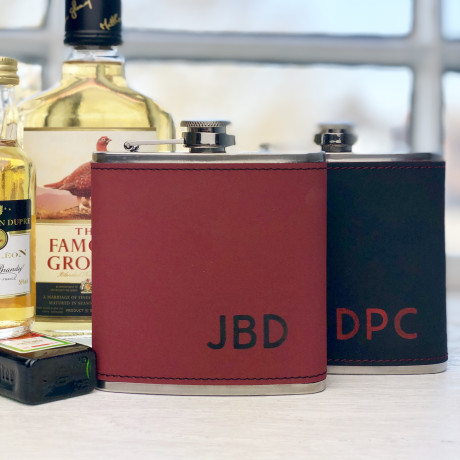 Red And Black Personalised Leather Initial Hipflask