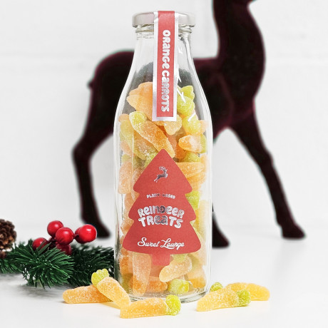 Reindeer Treats – Orange Flavored Carrot Gummies in Christmas Glass Bottle Jar