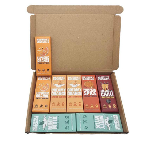 Flavoured chocolate bar selection box - collection of orange, mint, pumpkin spice, and amarillo chilli chocolate