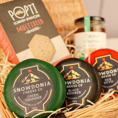 Cheese gift hamper with three cheeses from devon Hampers