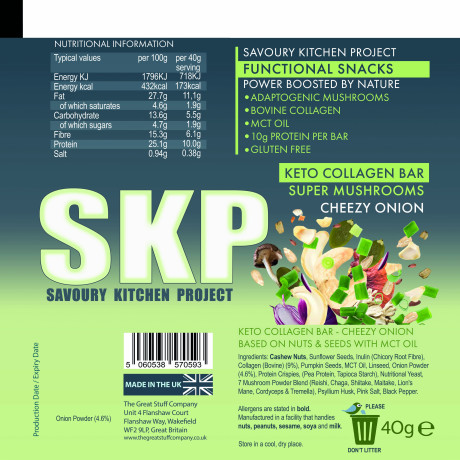 SKP - Savoury Kitchen Project - Keto Collagen Bar - Cheesy Onion, 12 bars