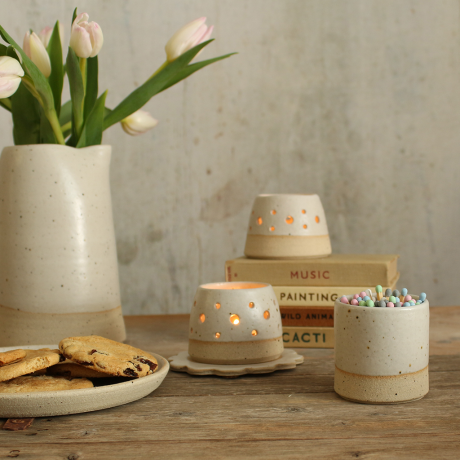 Hand Thrown Ceramic Mini Lantern Tealight Holder - Stone Series