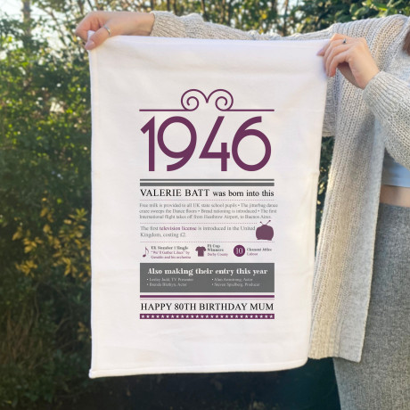 Personalised 80th birthday gift tea towel