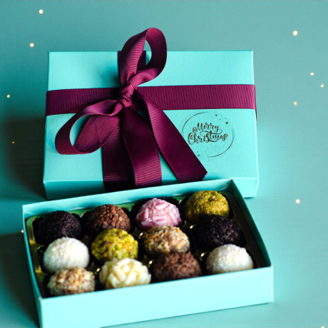 Merry Christmas Chocolate Brazilian Brigadeiro Gift - Box of 12 with Burgundy Ribbon